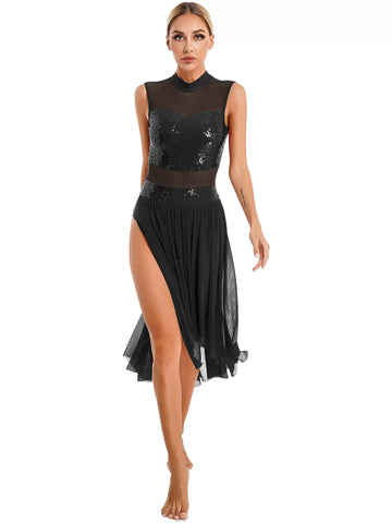 Women Sequin Backless Mesh Lyrical Dance Leotard Dresses