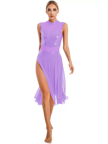 Women Sequin Backless Mesh Lyrical Dance Leotard Dresses