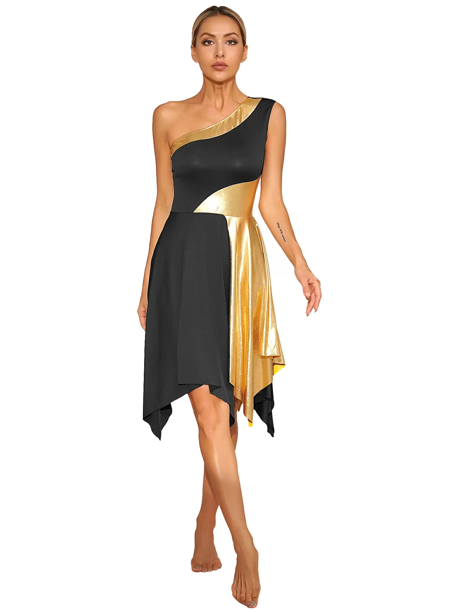 Women Metallic One Shoulder Worship Praise Dance Dress