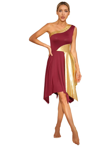 Women Metallic One Shoulder Worship Praise Dance Dress