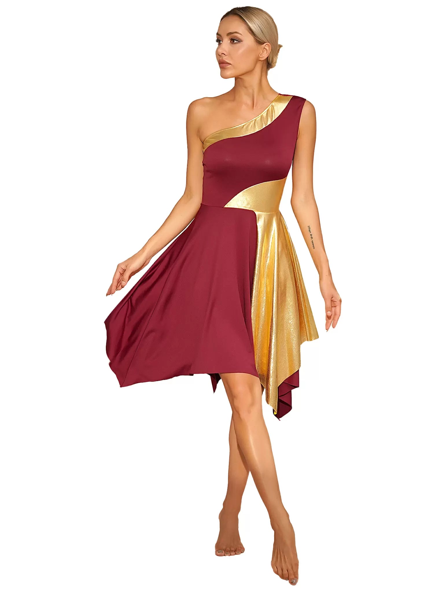 Women Metallic One Shoulder Worship Praise Dance Dress