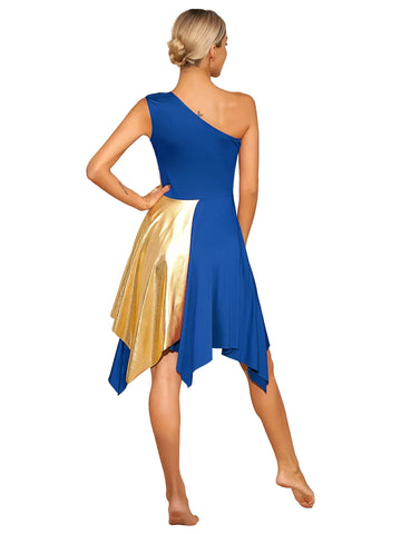 Women Metallic One Shoulder Worship Praise Dance Dress