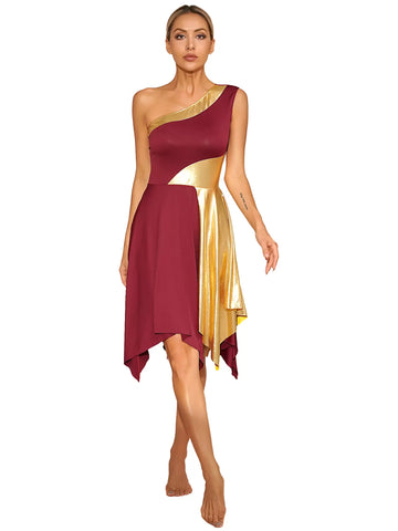 Women Metallic One Shoulder Worship Praise Dance Dress