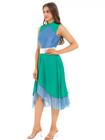 Women Color Block Sleeveless Split Praise Dance Dress