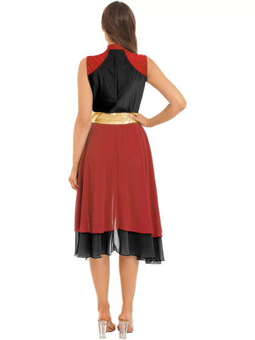 Women Color Block Sleeveless Split Praise Dance Dress