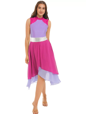 Women Color Block Sleeveless Split Praise Dance Dress