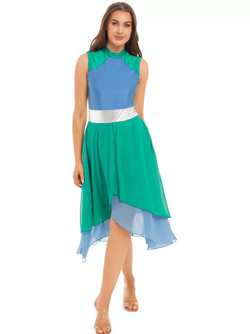 Women Color Block Sleeveless Split Praise Dance Dress