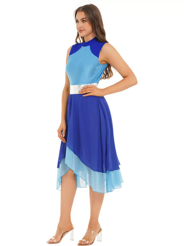 Women Color Block Sleeveless Split Praise Dance Dress