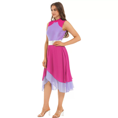 Women Color Block Sleeveless Split Praise Dance Dress