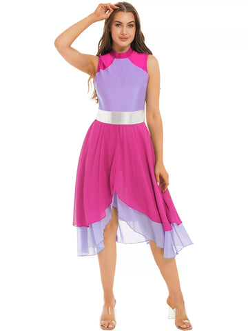 Women Color Block Sleeveless Split Praise Dance Dress