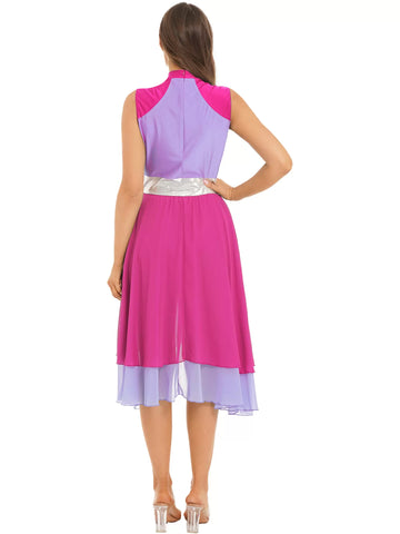 Women Color Block Sleeveless Split Praise Dance Dress