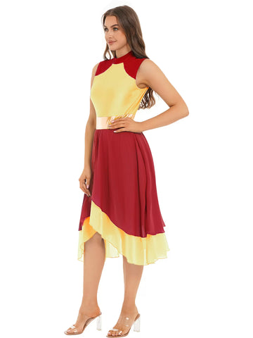 Women Color Block Sleeveless Split Praise Dance Dress