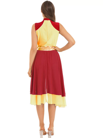 Women Color Block Sleeveless Split Praise Dance Dress