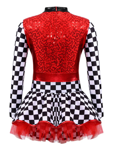 Kids Girls Sequin Checkerboard Racer Racing Driver Costume Dress