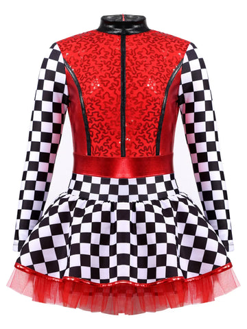 Kids Girls Sequin Checkerboard Racer Racing Driver Costume Dress