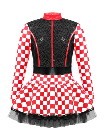 Kids Girls Sequin Checkerboard Racer Racing Driver Costume Dress