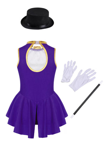 Costume de cirque Ringmaster pour filles, justaucorps sans manches avec ensemble de chapeaux