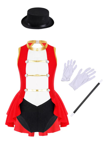 Costume de cirque Ringmaster pour filles, justaucorps sans manches avec ensemble de chapeaux