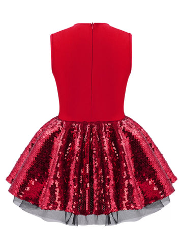 Kids Girls Sleeveless Sequins Bowknot Leotard Dress