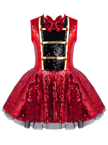 Kids Girls Sleeveless Sequins Bowknot Leotard Dress