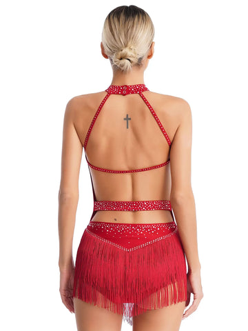 Women Shiny Rhinestones Tassel Backless Ballroom Latin Dance Leotard