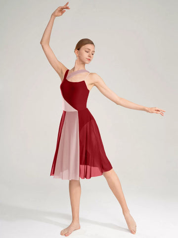 Women Sleeveless Color Block Modern Contemporary Dance Leotard Dress