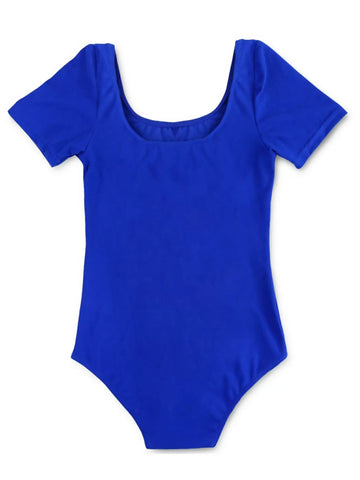 Kids Girls Short Sleeves Solid Gym Dance Leotard