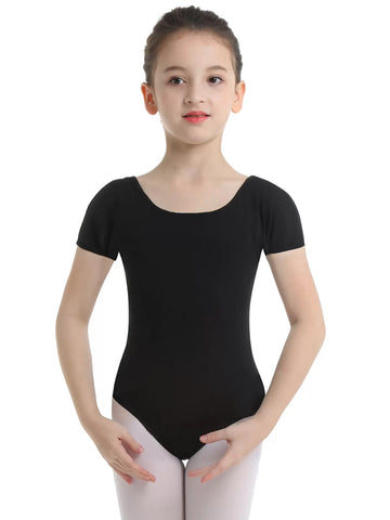 Kids Girls Short Sleeves Solid Gym Dance Leotard