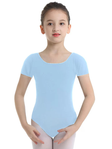 Kids Girls Short Sleeves Solid Gym Dance Leotard