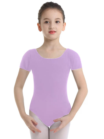 Kids Girls Short Sleeves Solid Gym Dance Leotard