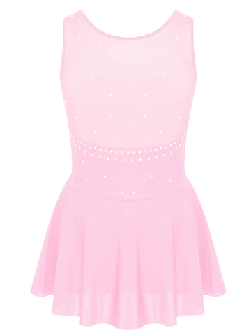 Kids Girls Sleeveless Tulle Figure Ice Skating Leotard Dress