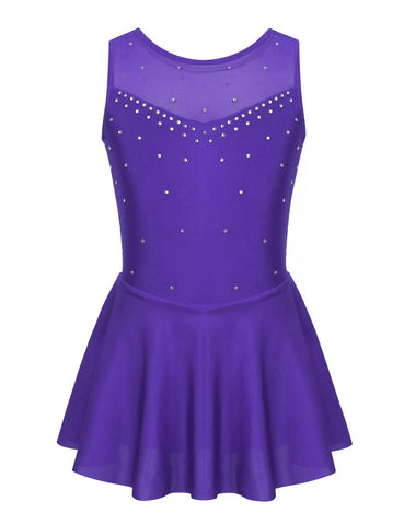 Kids Girls Sleeveless Tulle Figure Ice Skating Leotard Dress