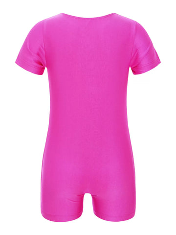 Unitard de danse de gymnastique solide à manches courtes pour enfants