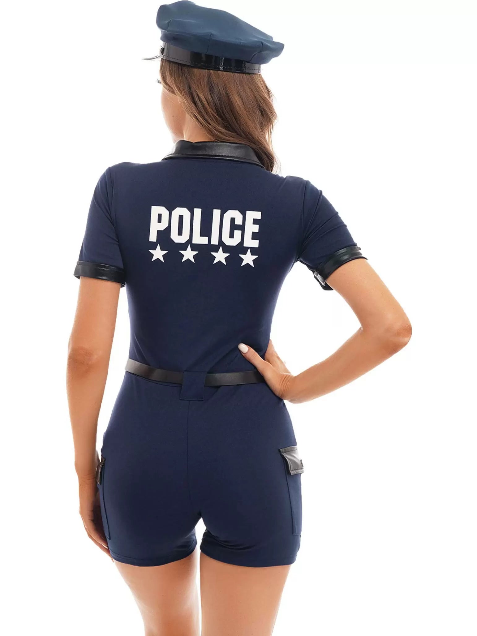 Women 5Pcs Policewoman Cosplay Costume Short Sleeve Jumpsuit Sets