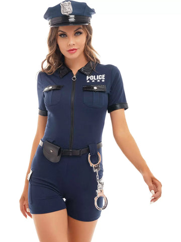 Women 5Pcs Policewoman Cosplay Costume Short Sleeve Jumpsuit Sets