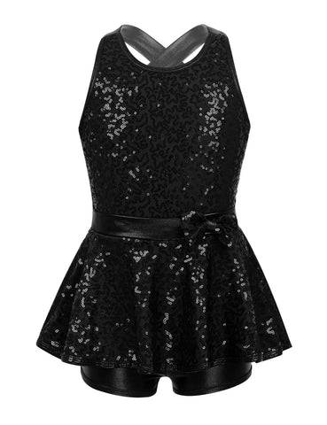 Kids Girls Sleeveless Allover Sequin Jazz Dance Leotard Dress