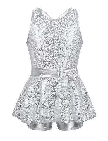 Kids Girls Sleeveless Allover Sequin Jazz Dance Leotard Dress