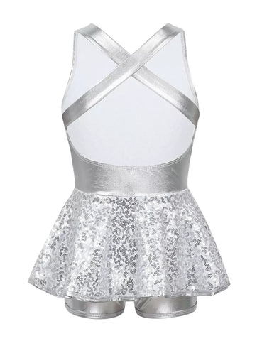 Kids Girls Sleeveless Allover Sequin Jazz Dance Leotard Dress