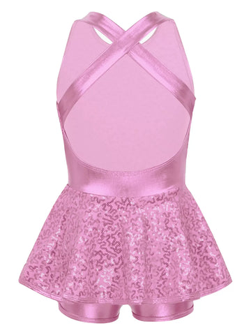 Kids Girls Sleeveless Allover Sequin Jazz Dance Leotard Dress