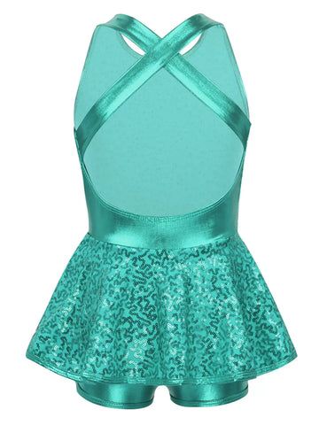 Kids Girls Sleeveless Allover Sequin Jazz Dance Leotard Dress