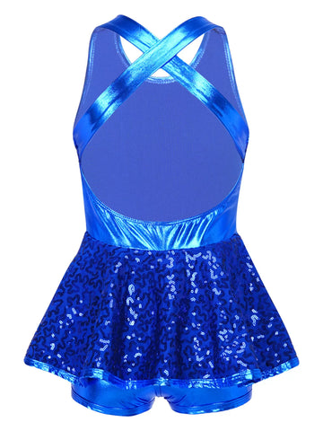 Kids Girls Sleeveless Allover Sequin Jazz Dance Leotard Dress