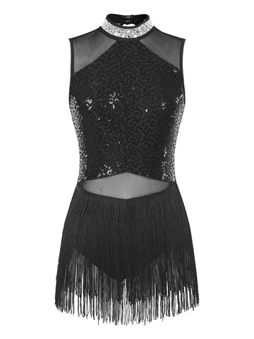 Women Sequin Tassel Latin Tango Dance Dress