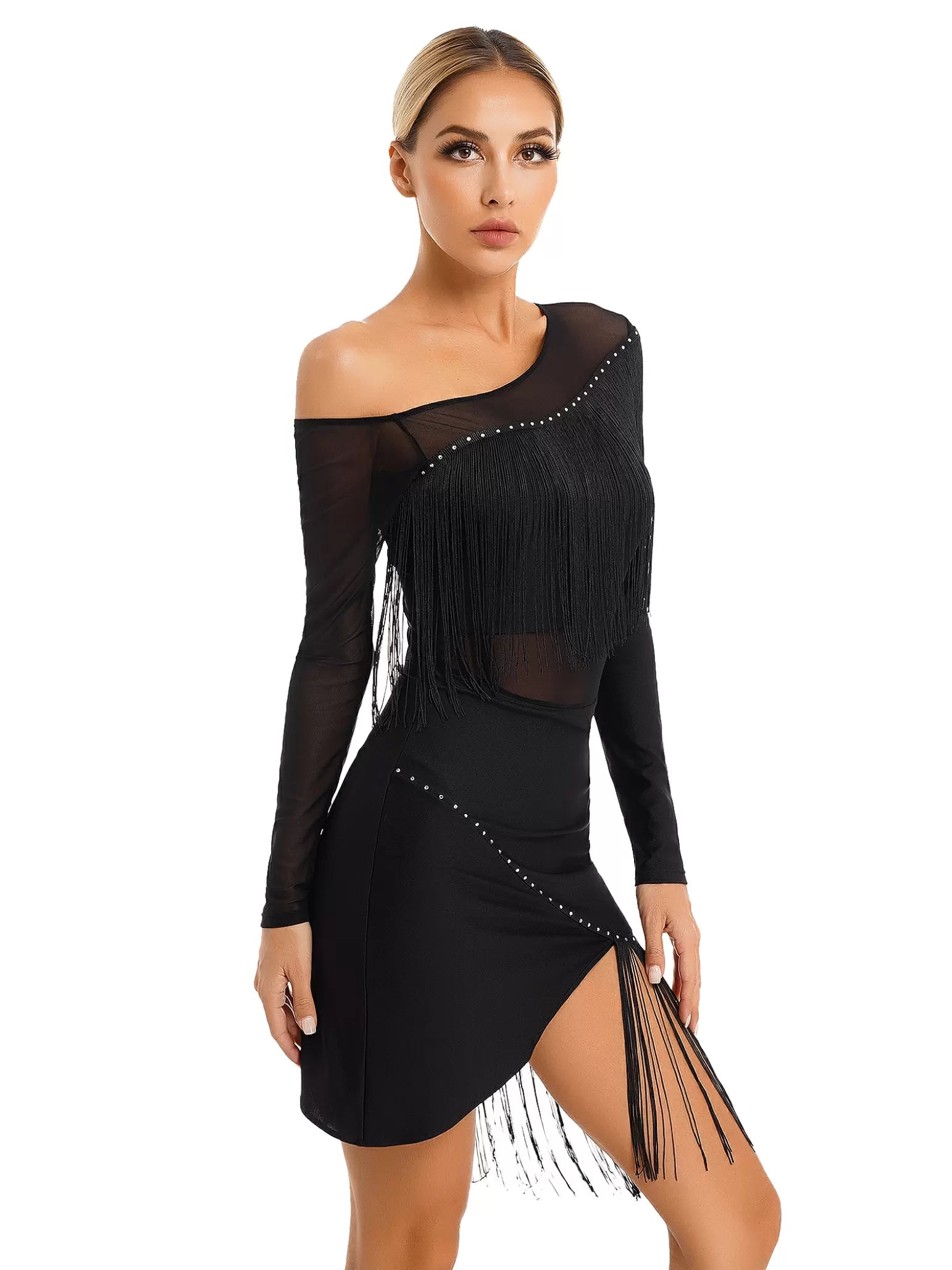 Women Oblique Shoulder Long Sleeve Tassel Latin Dance Dress