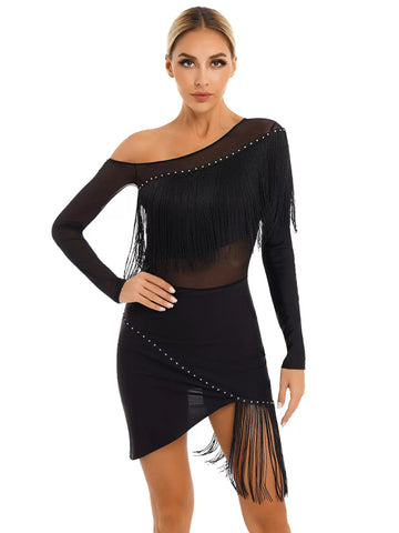 Women Oblique Shoulder Long Sleeve Tassel Latin Dance Dress