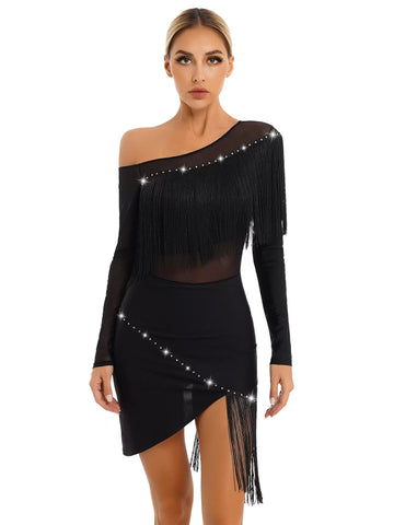 Women Oblique Shoulder Long Sleeve Tassel Latin Dance Dress