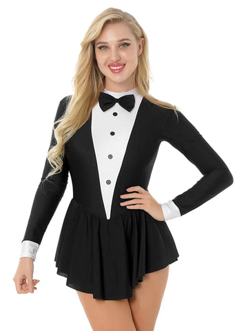 Women Long Sleeve Tuxedo Waitress Role Play Costume Leotard Dress