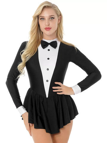 Women Long Sleeve Tuxedo Waitress Role Play Costume Leotard Dress