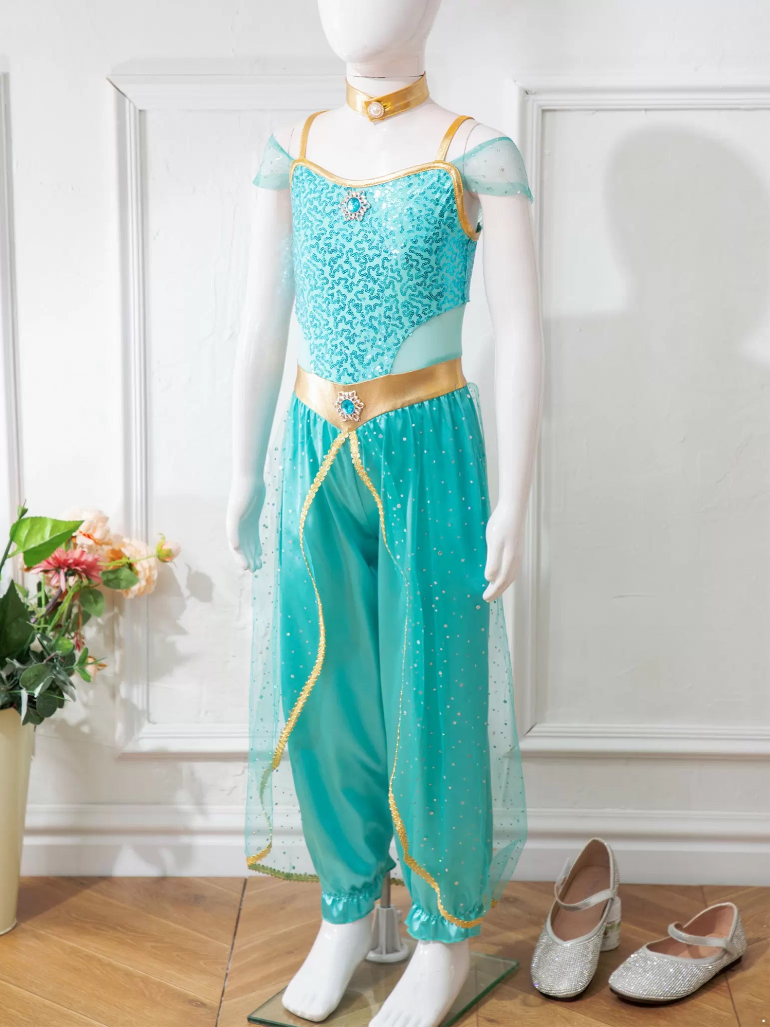 Girls Sleeveless Sequin Arabian Princess Costume Jumpsuit with Choker