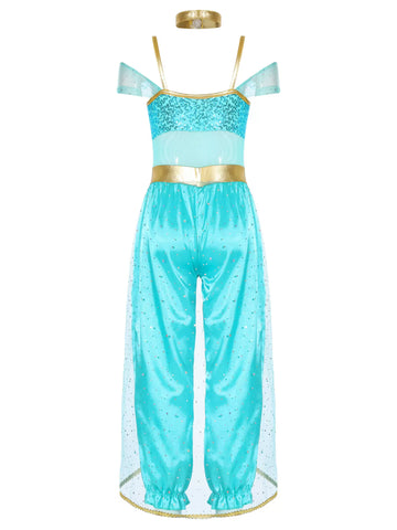 Girls Sleeveless Sequin Arabian Princess Costume Jumpsuit with Choker