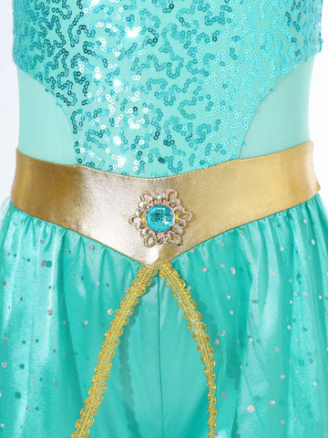 Costume de princesse arabe à paillettes sans manches pour filles, combinaison avec tour de cou